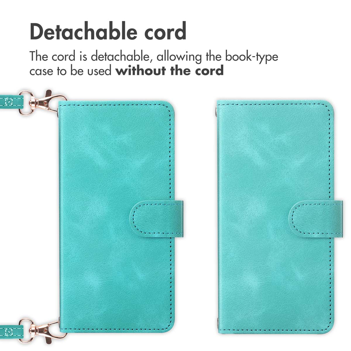 Custodia per telefono in pelle verde acqua con cinturino staccabile.