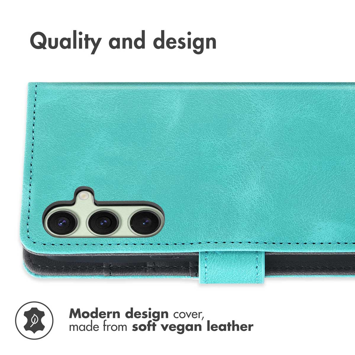 Custodia per telefono in pelle vegana turchese con tre obiettivi e testo sulla qualità.