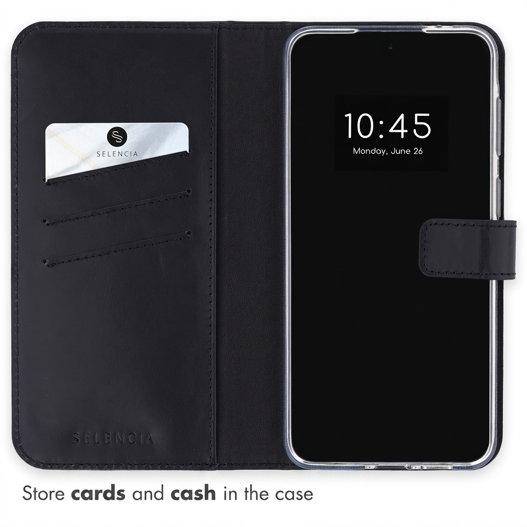 Eine schwarze Leder-Smartphone-Brieftasche mit Kartenfächern und einem Telefon mit der Anzeige 10:45.