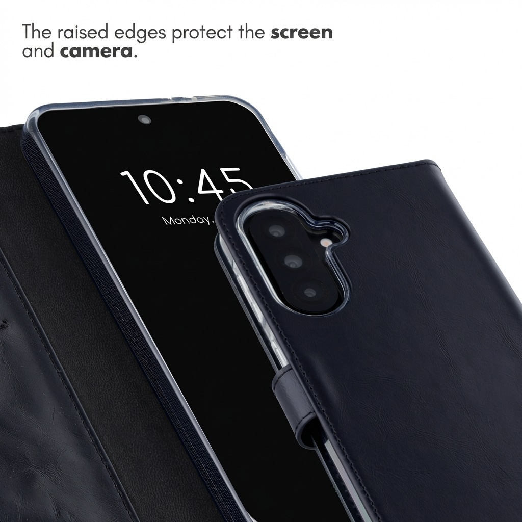 Ein Smartphone in einer dunkelblauen Schutzhülle zeigt das Display mit der Uhrzeit 10:45 Uhr.
