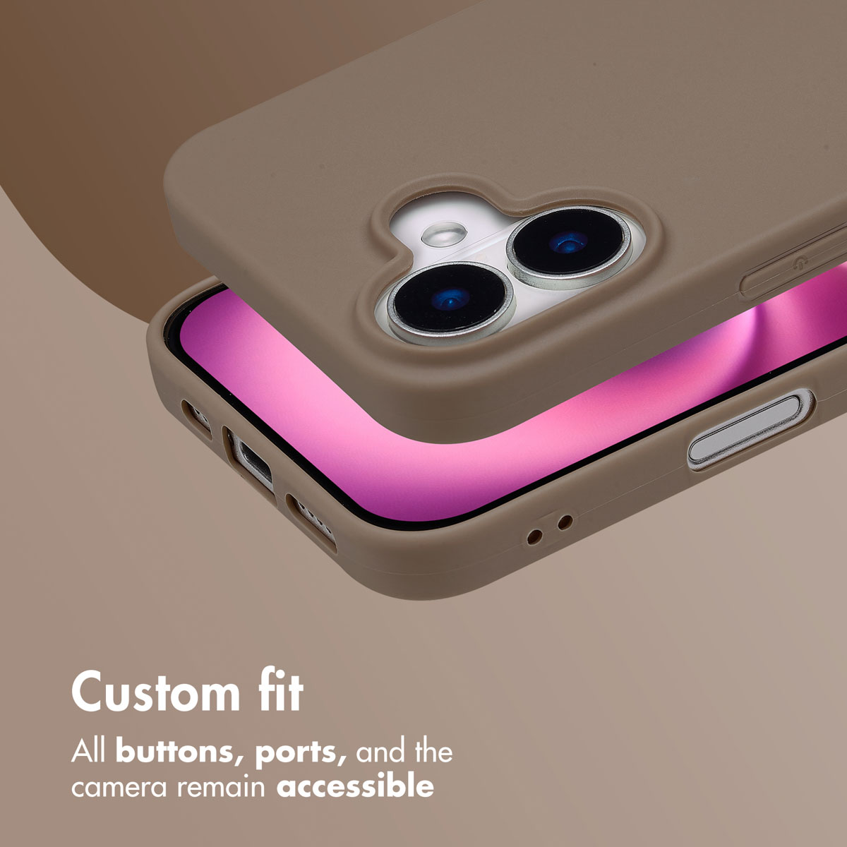 Una custodia per smartphone marrone con due fotocamere e schermo rosa su sfondo marrone.