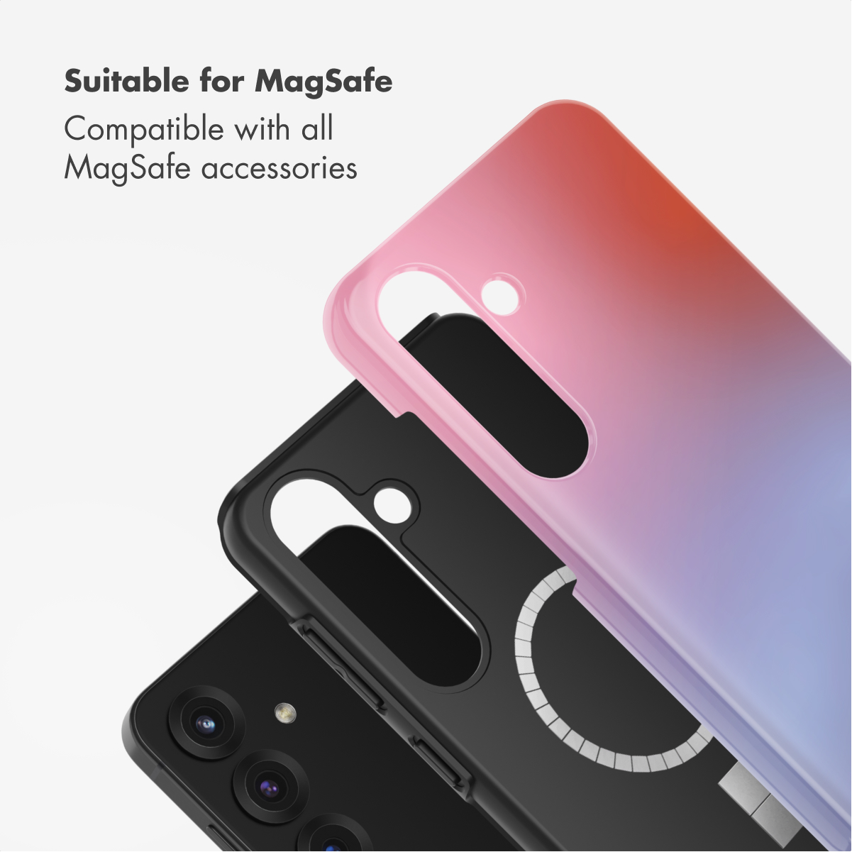 Fundas de teléfono MagSafe en negro y colores degradados sobre fondo claro.