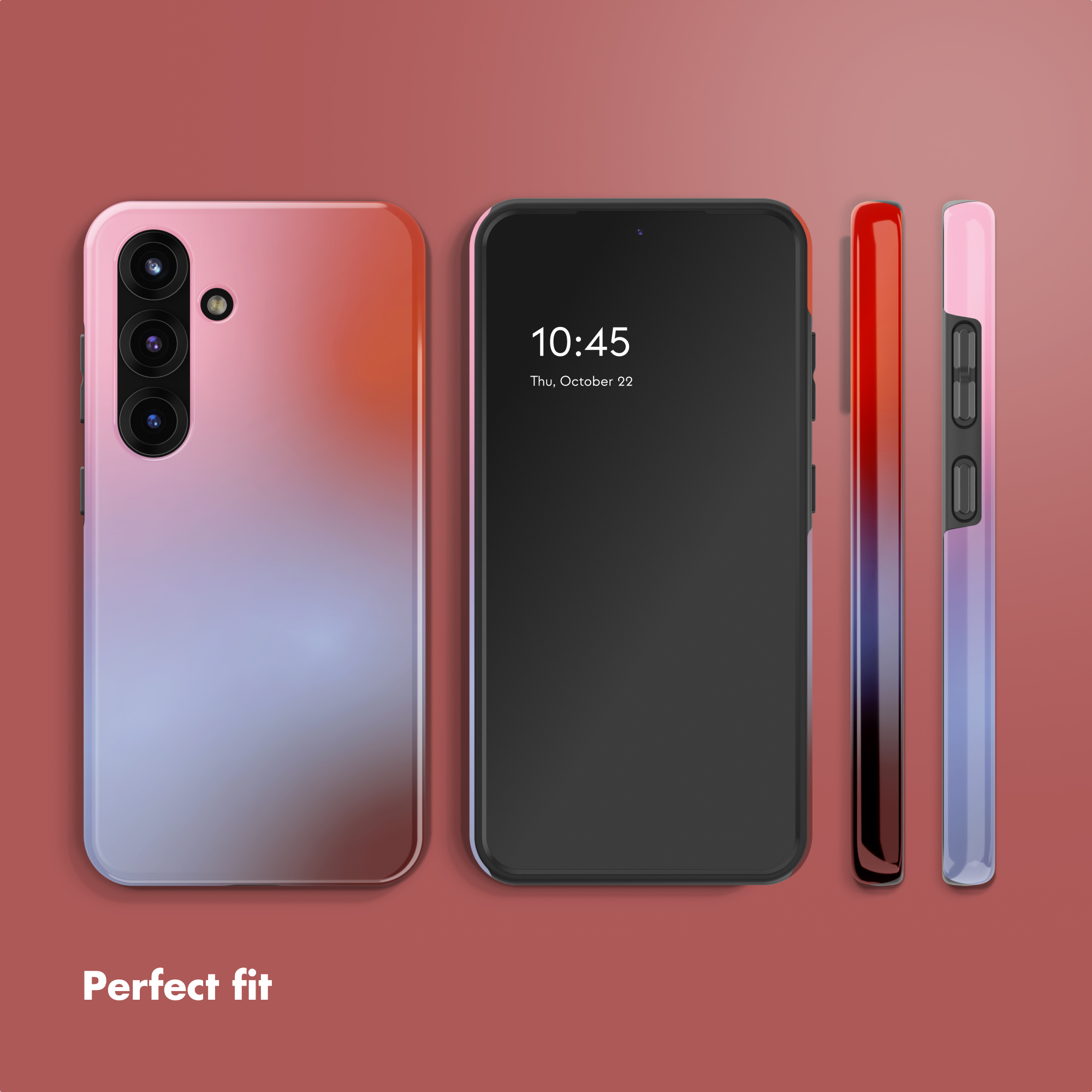 Smartphone con degradado rojo y azul y funda en múltiples vistas.