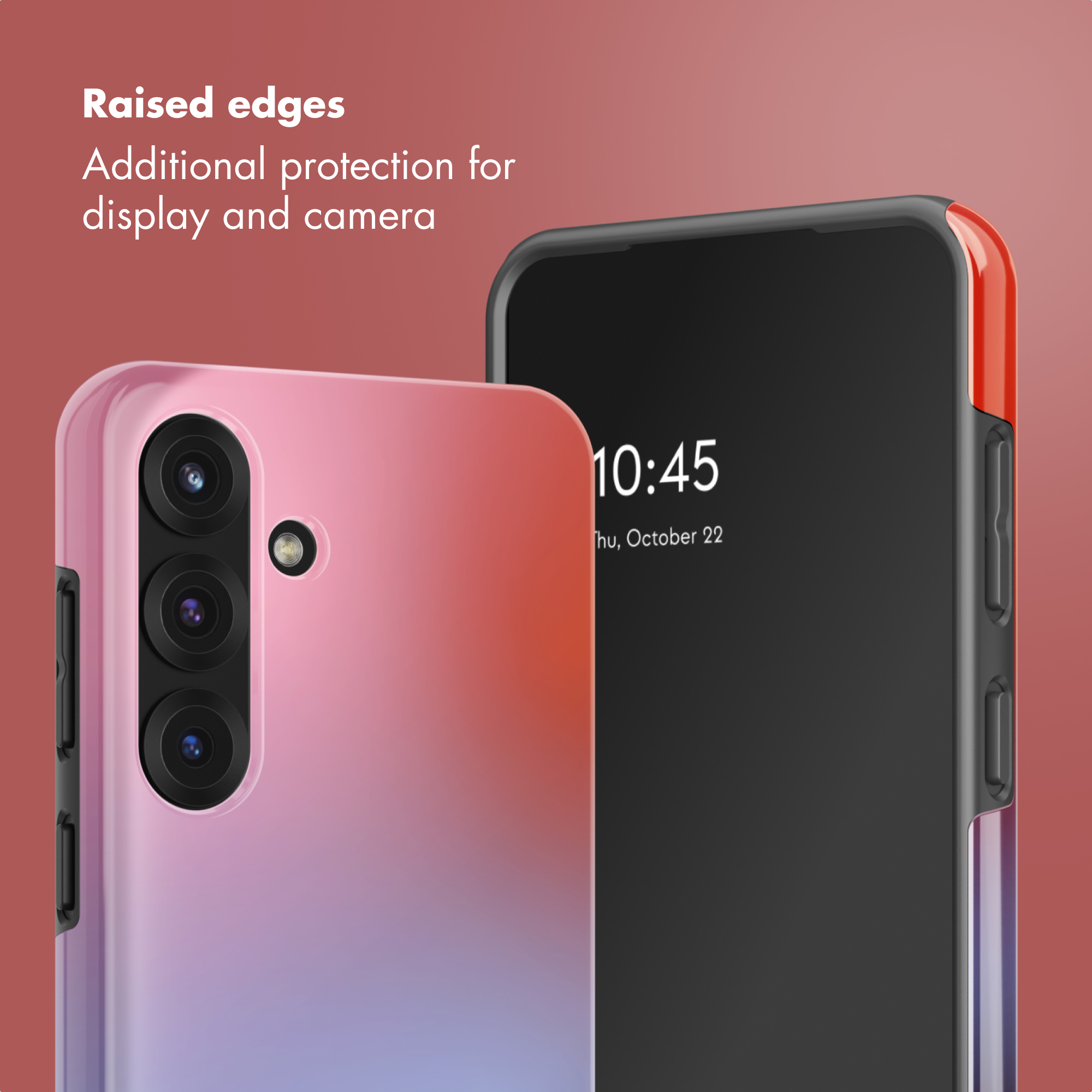 Dos teléfonos en fundas coloridas sobre fondo rojo, texto arriba a la izquierda.