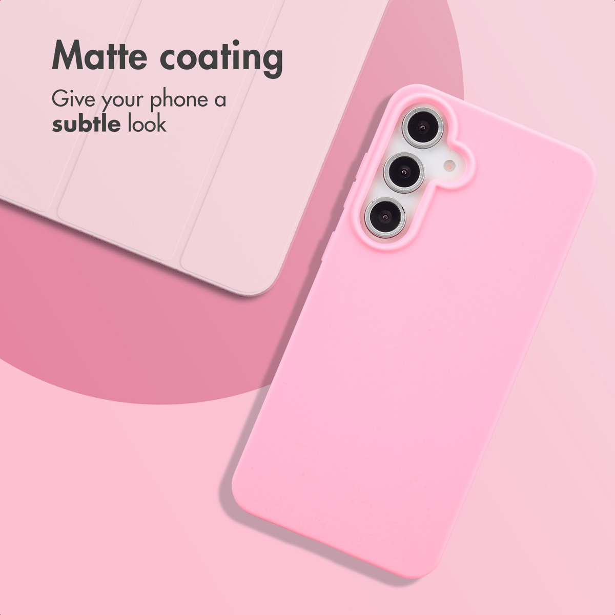 Pink smartphone case with a triple camera and Matte coating text.
