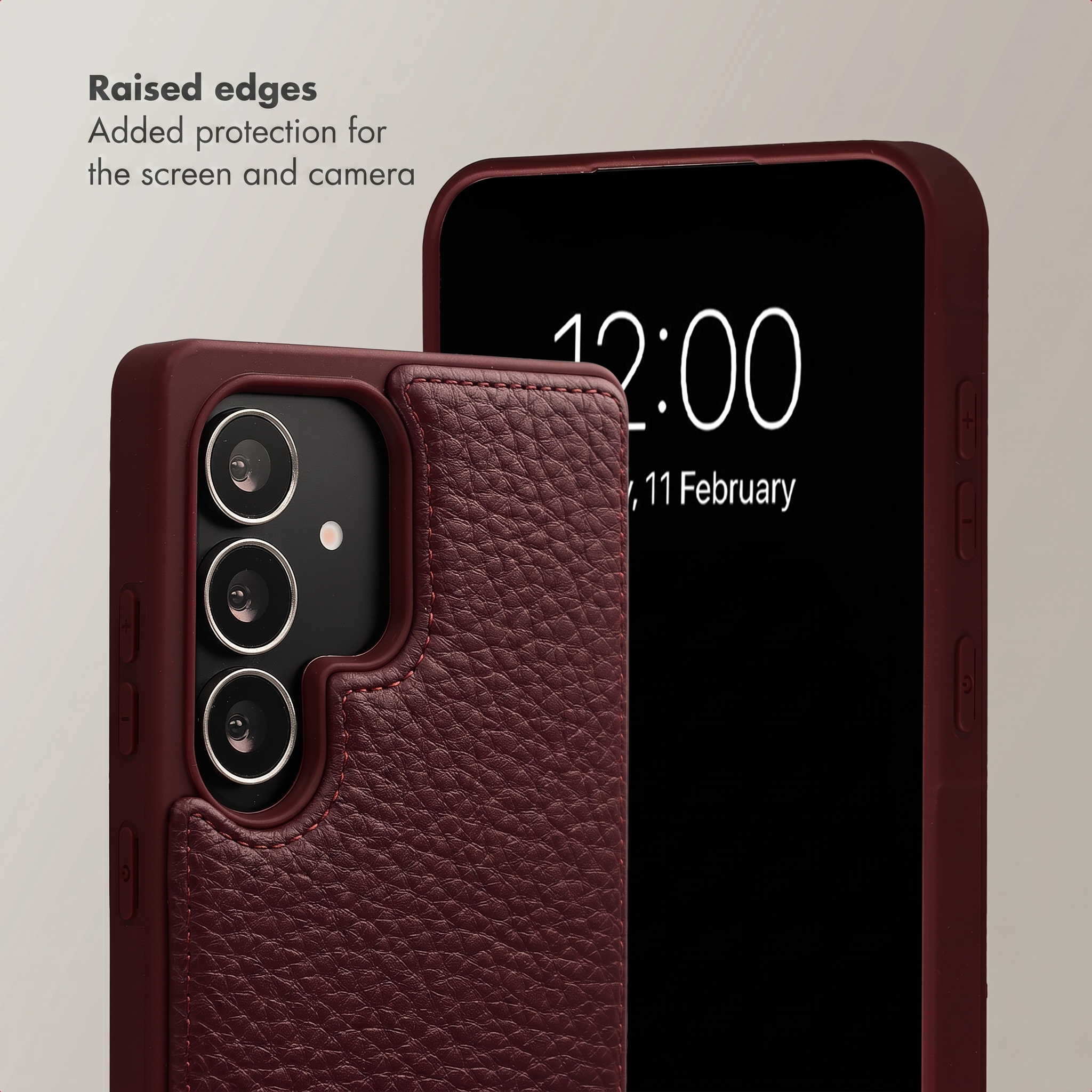Dark red protective case with textured leather back and triple camera on a smartphone.