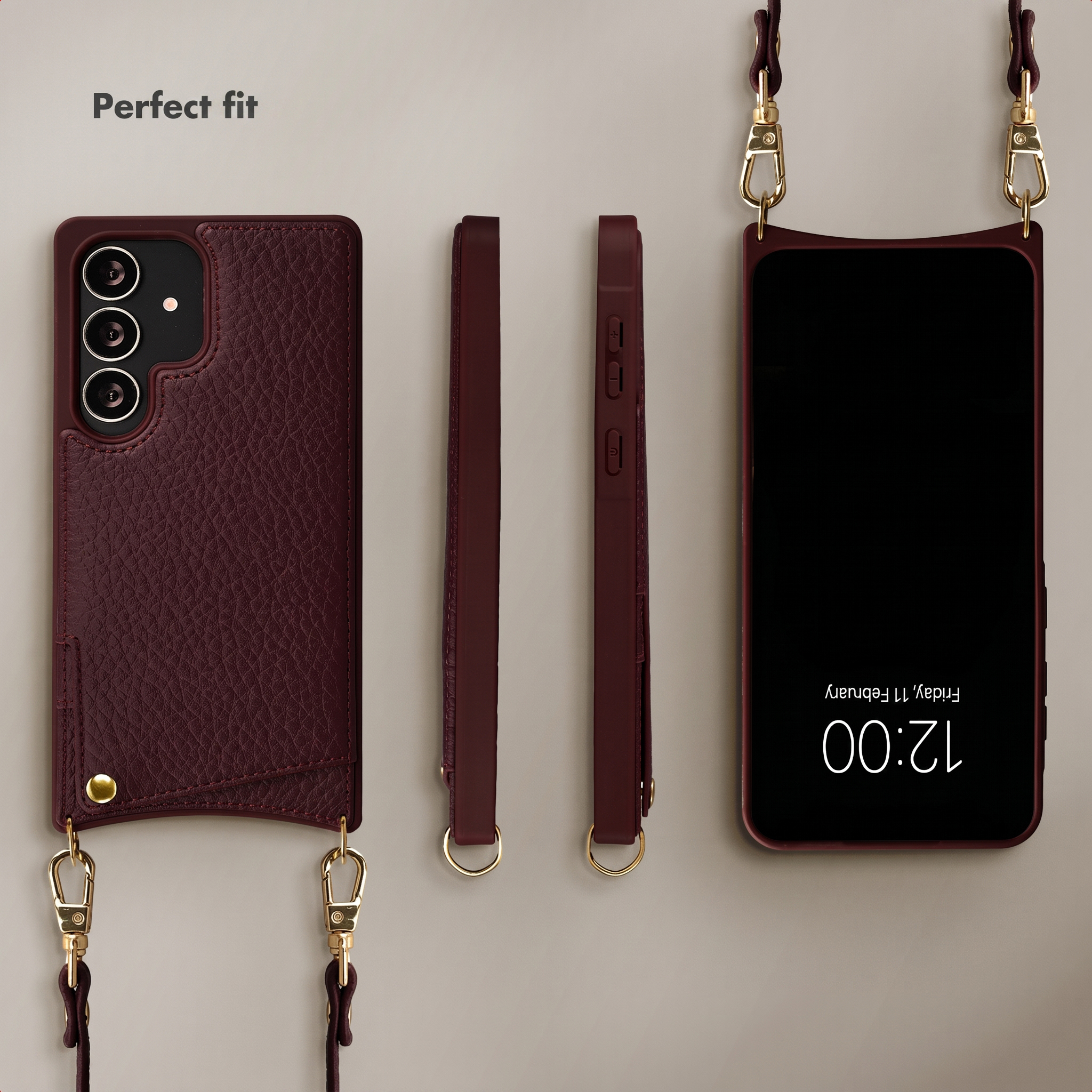 Burgundy leather smartphone case with strap, showing multiple angles.