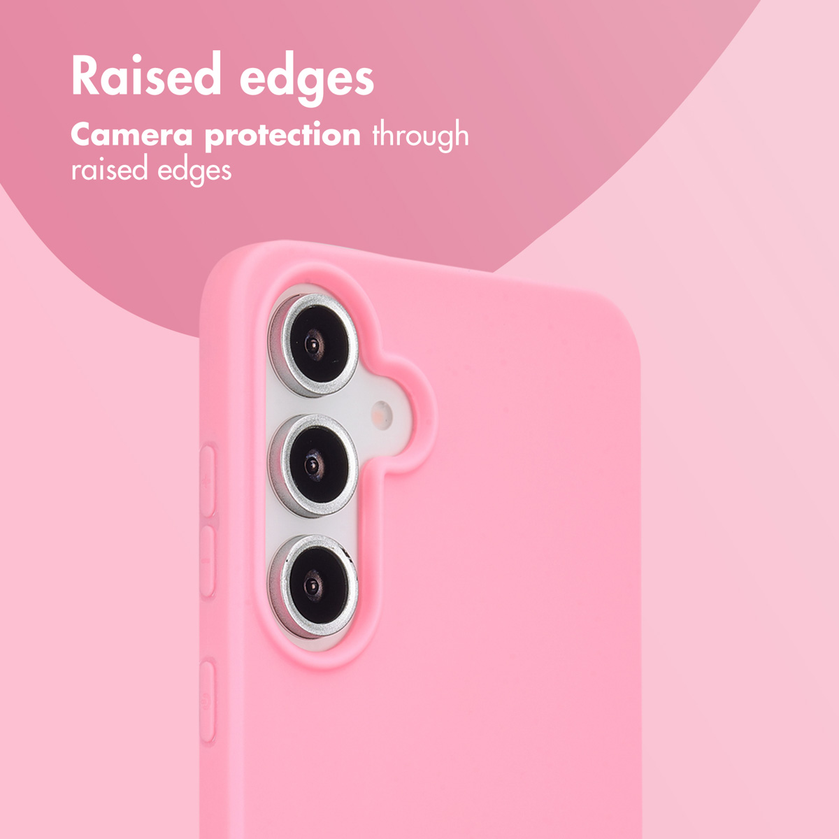 Pink smartphone case with raised edges protecting three vertical camera lenses on a pink background.