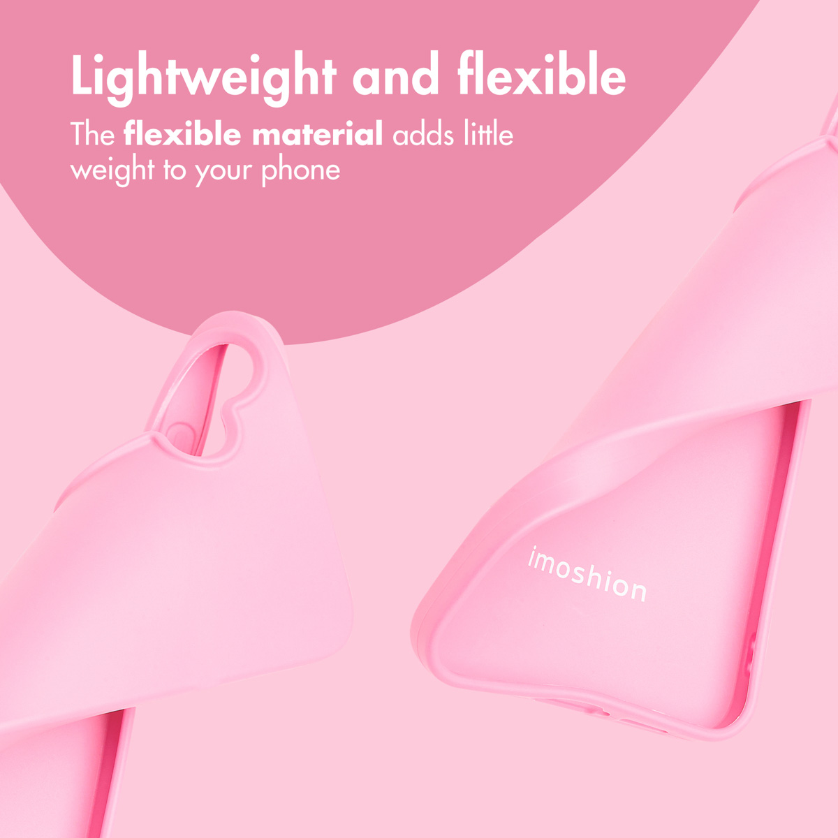 Two flexible pink phone cases on a pink background with white text.