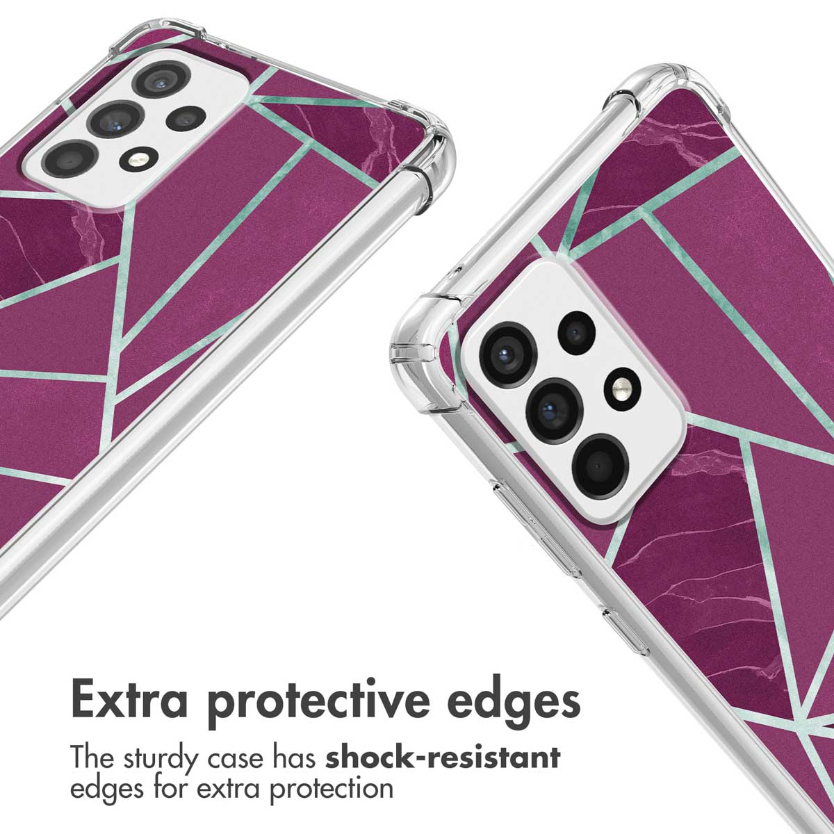 Deux vues d'une coque de téléphone avec un motif géométrique violet et des bords résistants.