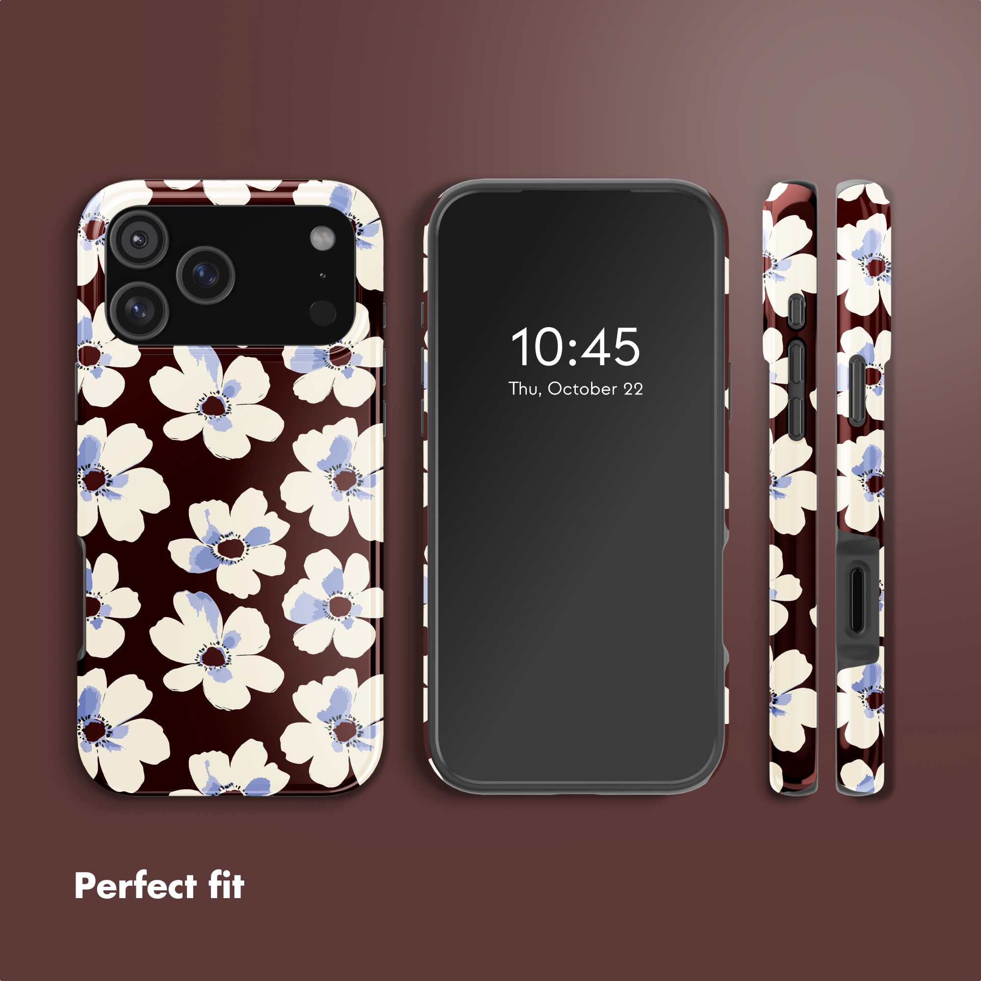 Smartphone mit dunkelbraunem, floralem Blumenmuster auf Hülle und Seiten.