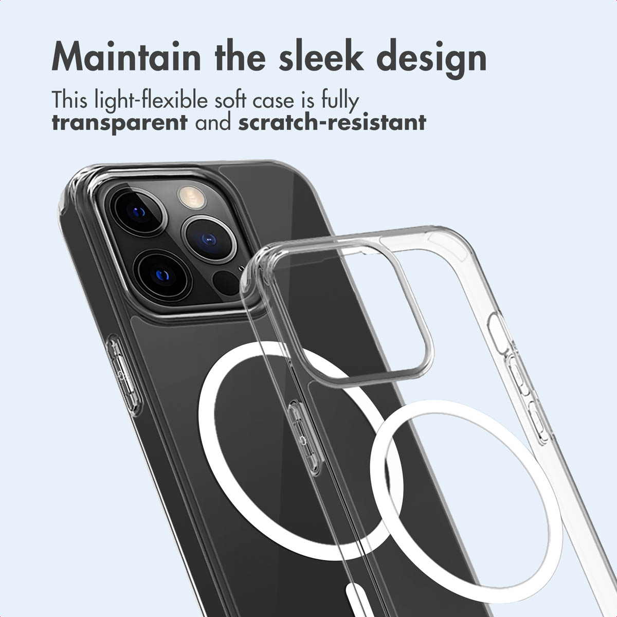 Uno smartphone con cover protettiva trasparente con anello bianco per la ricarica wireless.