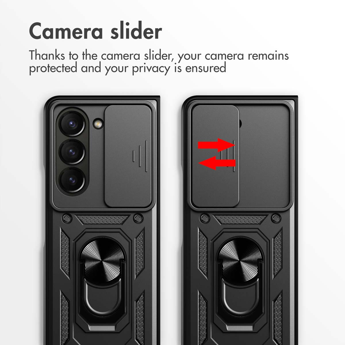 Custodia nera per smartphone con copri-fotocamera e supporto ad anello su sfondo bianco.