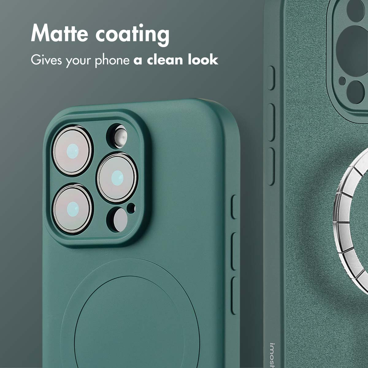 Coque de smartphone verte avec revêtement mat et découpe pour appareil photo.
