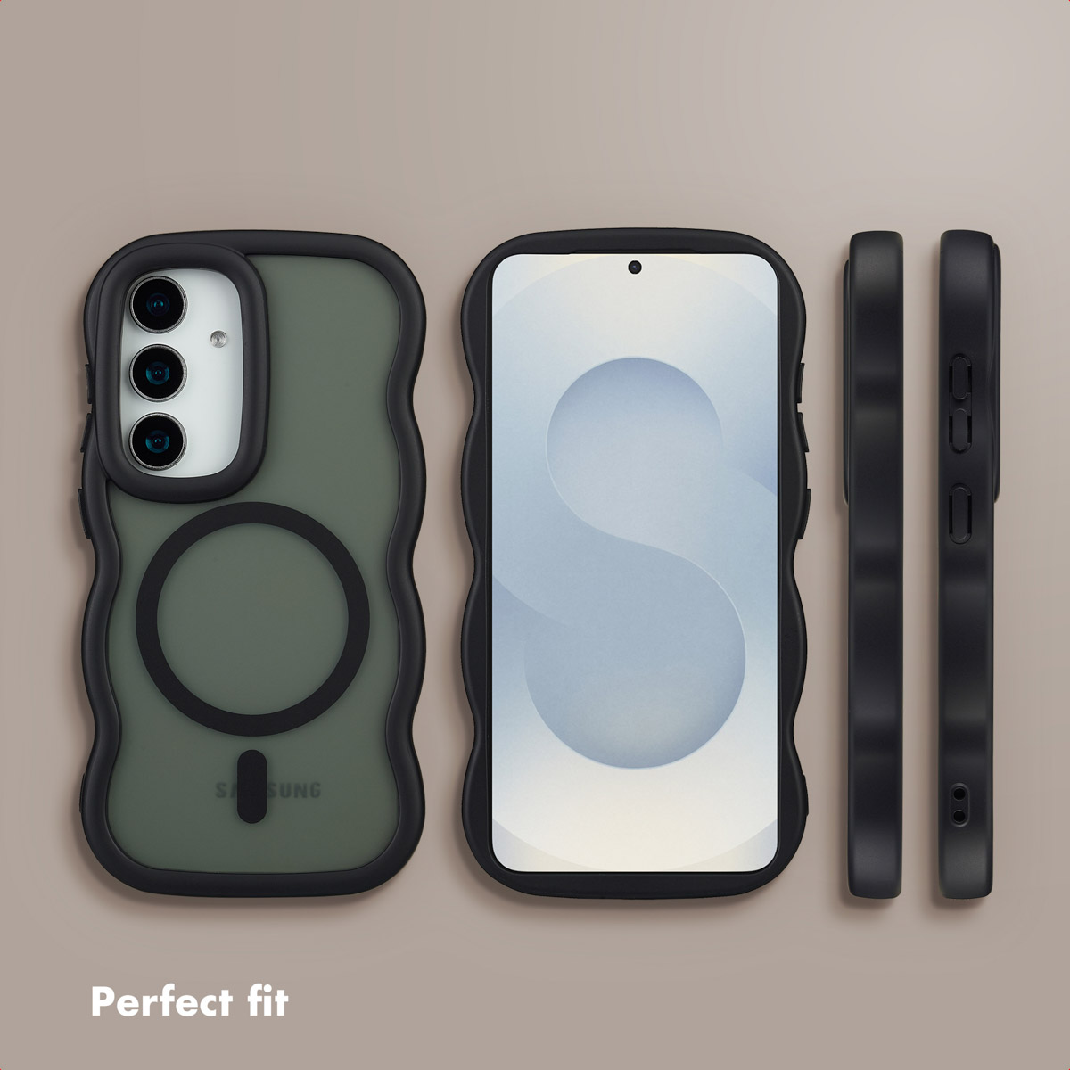 Diverse viste di una custodia per telefono verde oliva con bordo nero su sfondo beige.