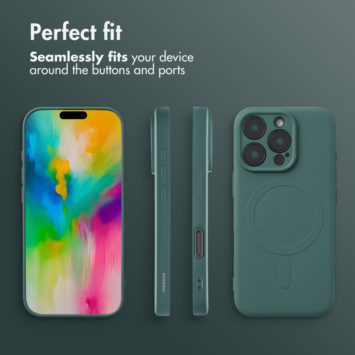 Coque de smartphone verte sous plusieurs angles avec texte sur l'ajustement parfait.