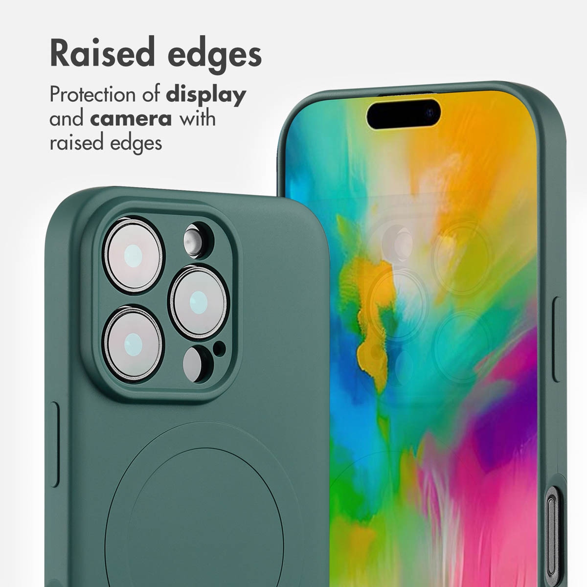 Coque de téléphone verte avec bords surélevés protégeant l'écran et la caméra.