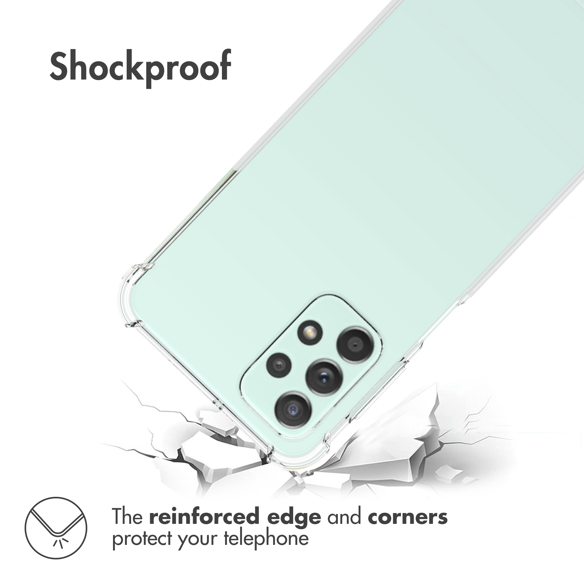 Une coque de téléphone vert clair aux coins renforcés sur fond craquelé, avec le texte Résistant aux chocs.