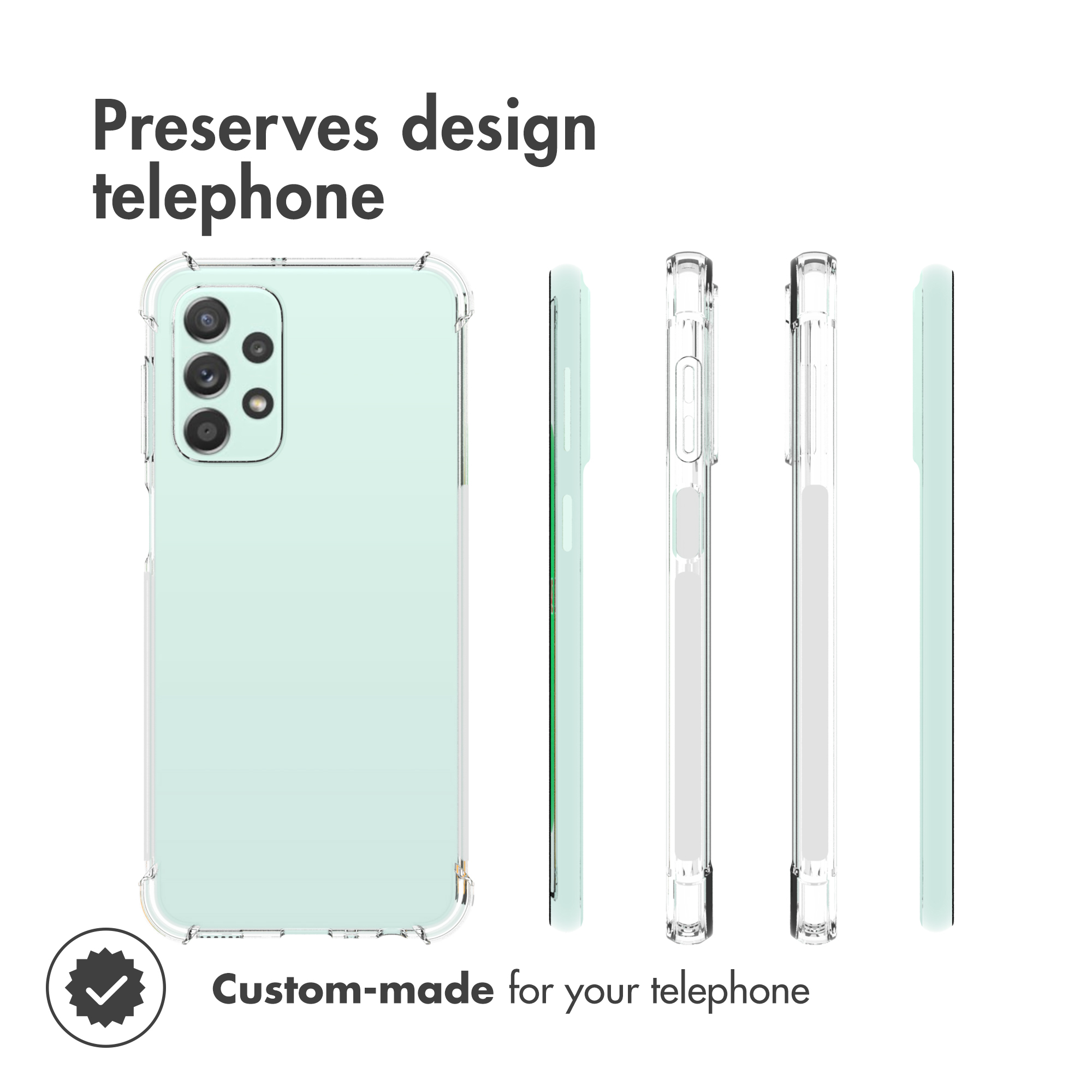 Coque de protection transparente pour un smartphone vert clair sous différents angles.