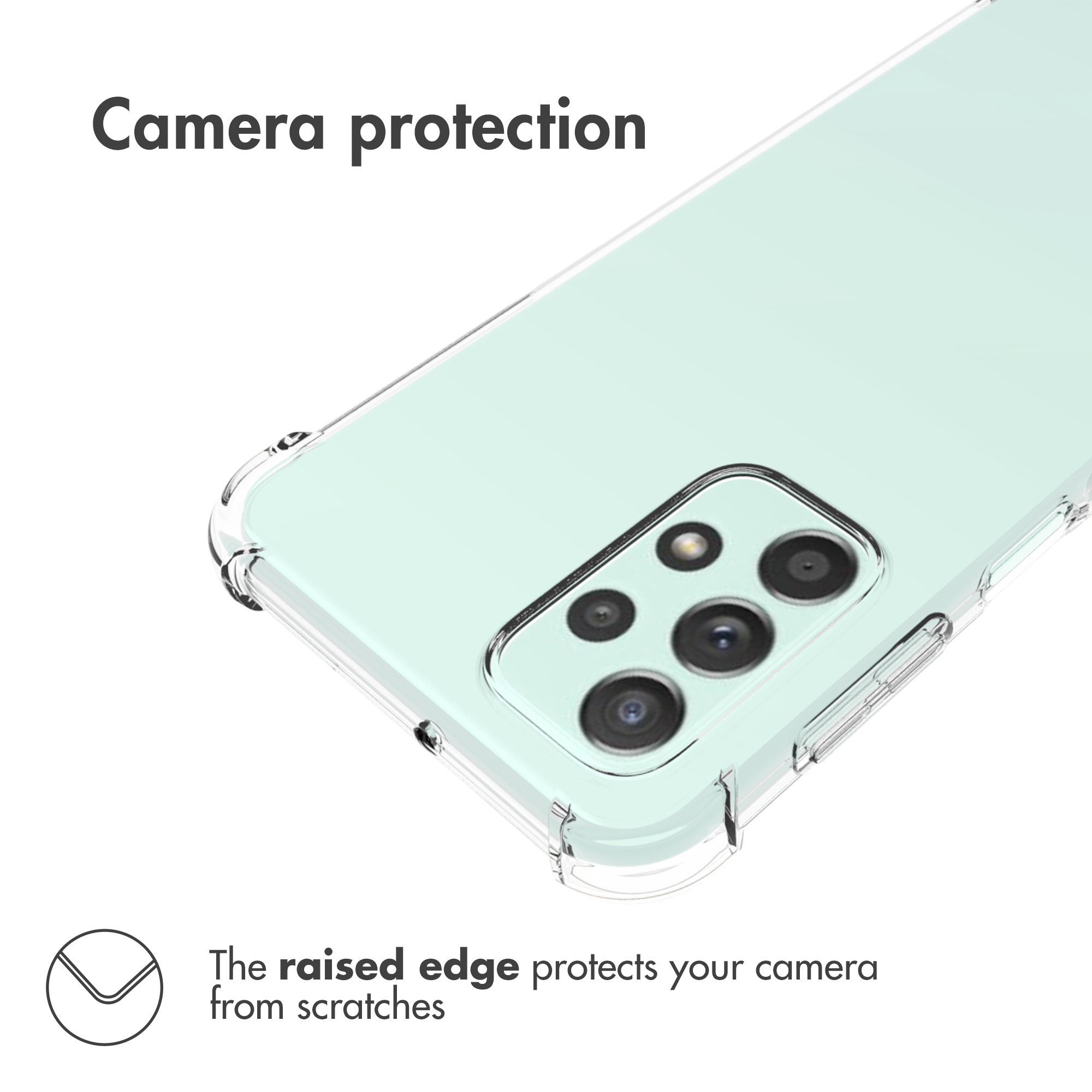 Coque de téléphone vert clair avec bordure d'appareil photo transparente et texte.