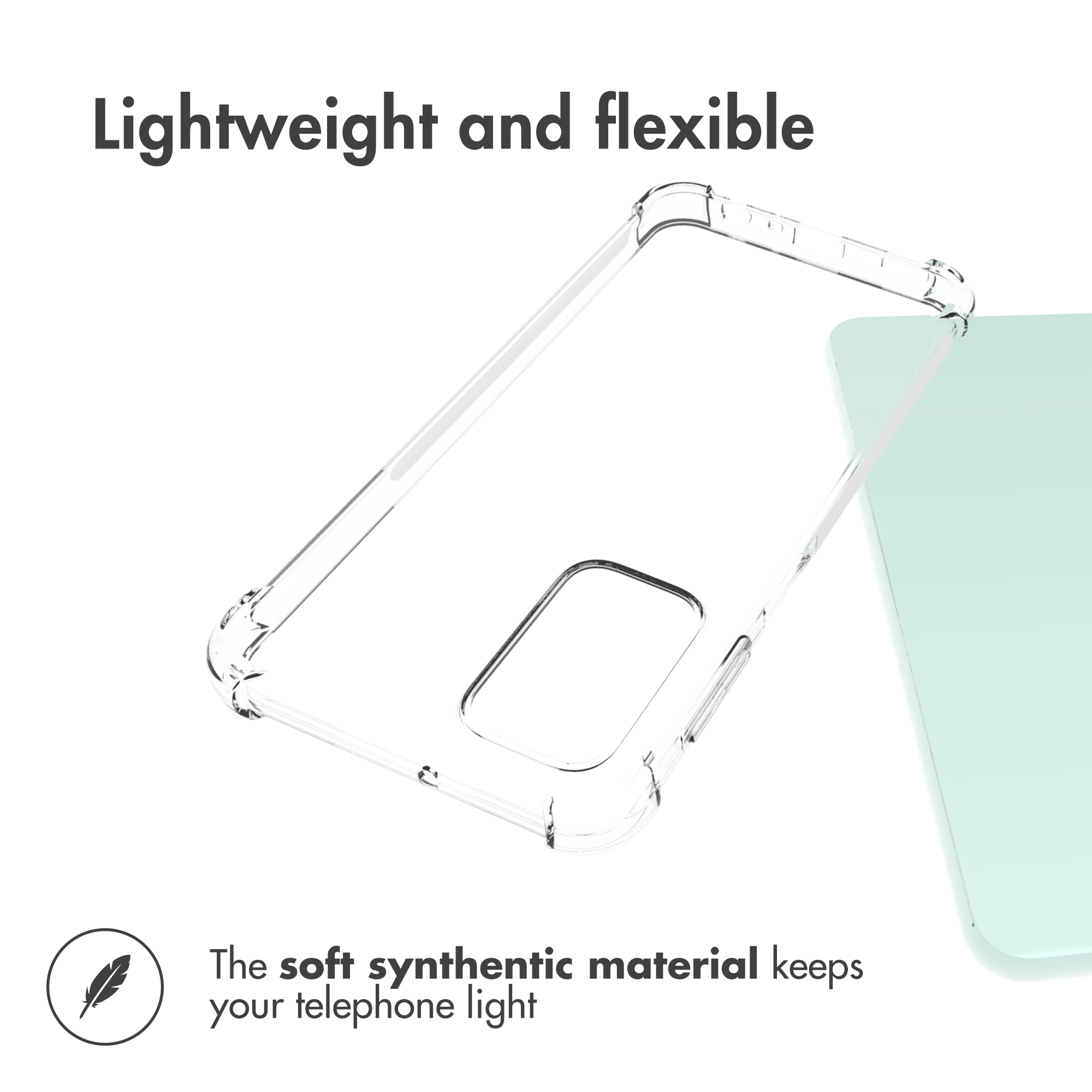 Une coque de téléphone transparente et flexible repose sur une surface vert menthe, avec du texte.