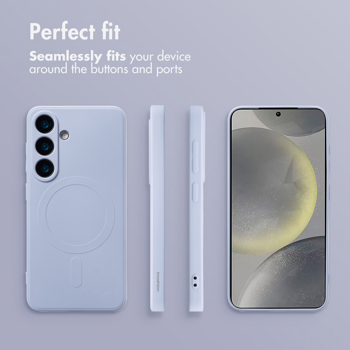 Ein hellblaues Smartphone mit Hülle, gezeigt von hinten, von der Seite und von vorne, vor grauem Hintergrund.