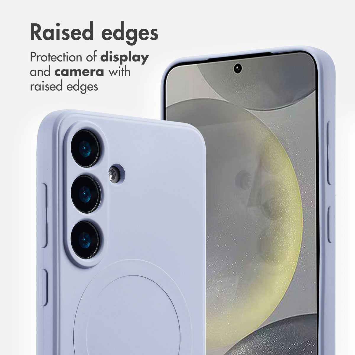 Ein Smartphone in einer hellvioletten Schutzhülle mit erhöhtem Rand zum Schutz von Display und Kamera.
