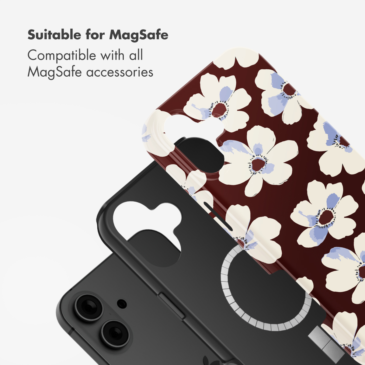 Cover per telefono con motivo floreale bianco e blu su bordeaux, testo: Suitable for MagSafe.