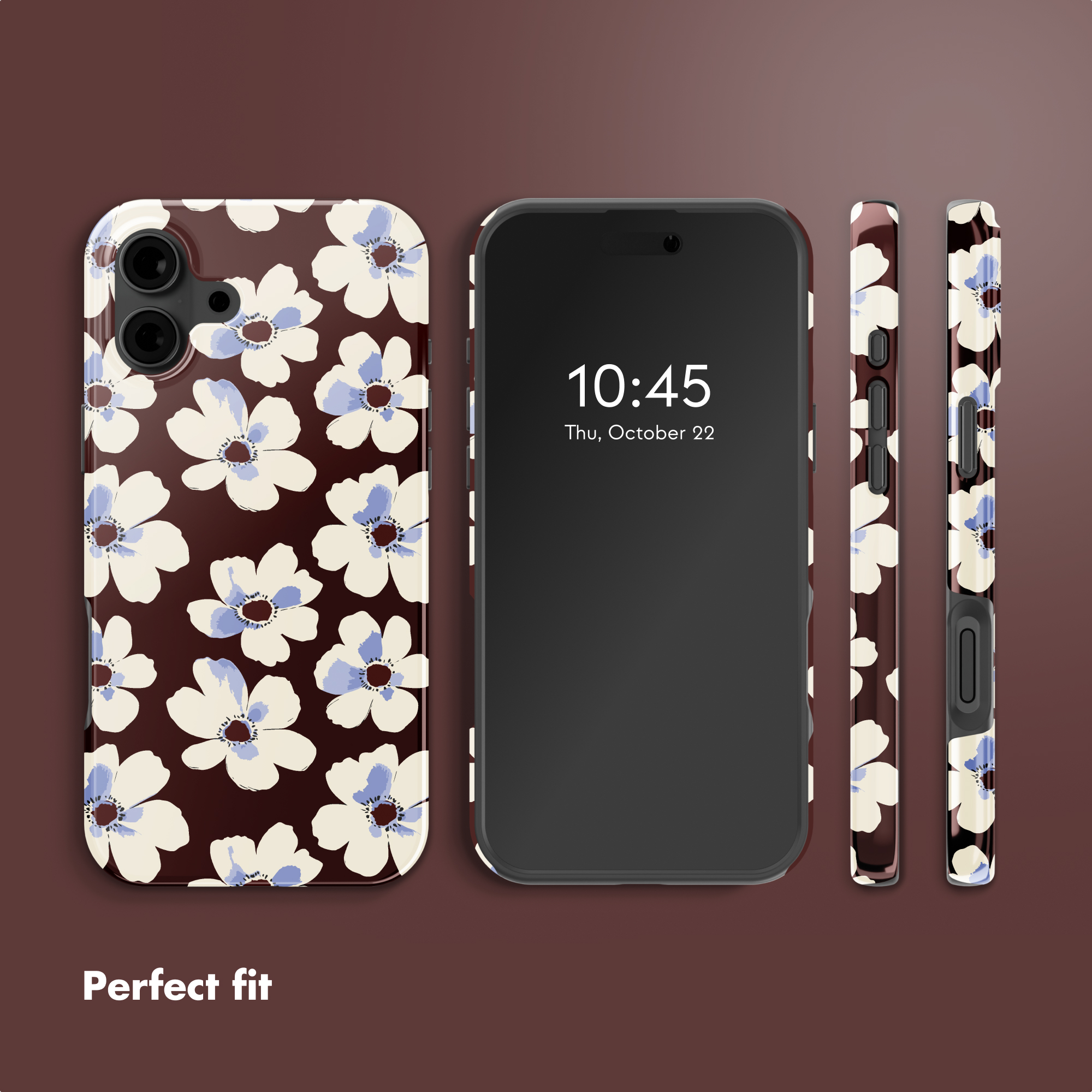 Smartphone con cover floreale bianca e blu su sfondo marrone.