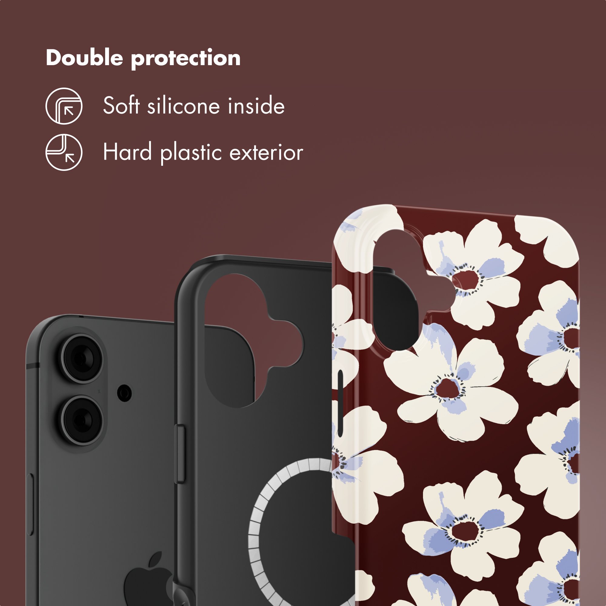 Doppia protezione: silicone morbido interno, esterno in plastica rigida, mostrato con le custodie.