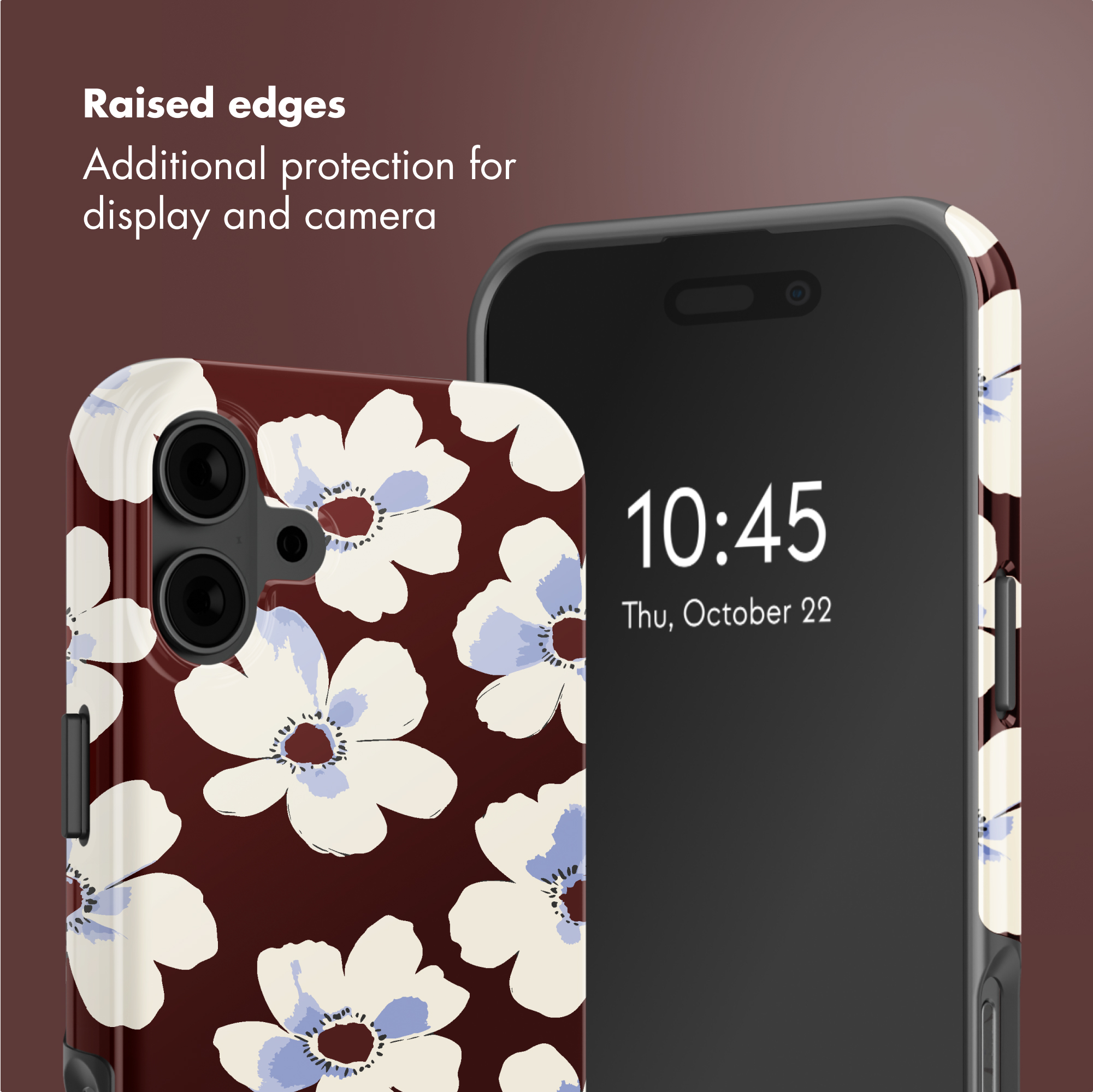 Smartphone con cover floreale marrone e bianca e testo sui bordi rialzati.
