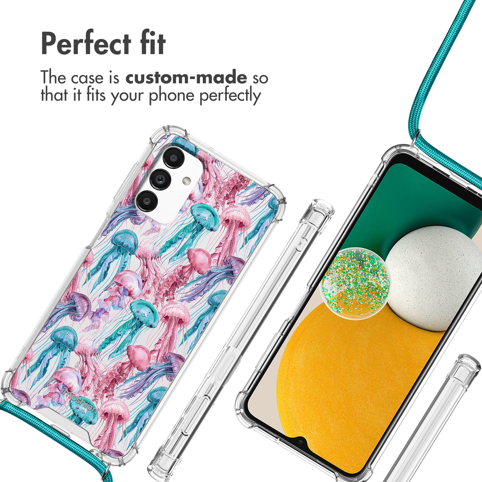 Coque transparente avec motif de meduses colorees et laniere, ajustee sur mesure pour le telephone.