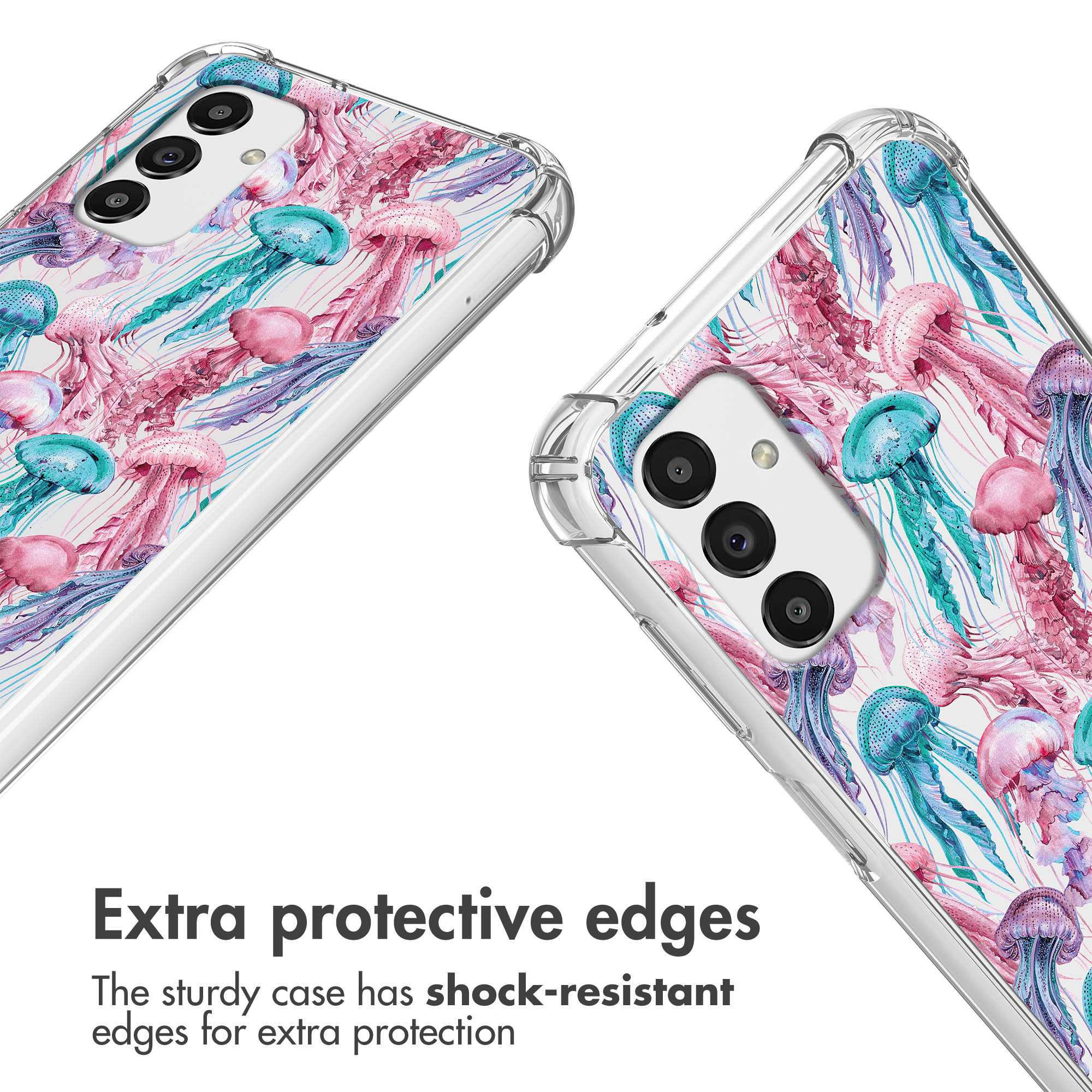 Deux coques de téléphone transparentes avec un motif de méduses colorées et des coins antichocs.