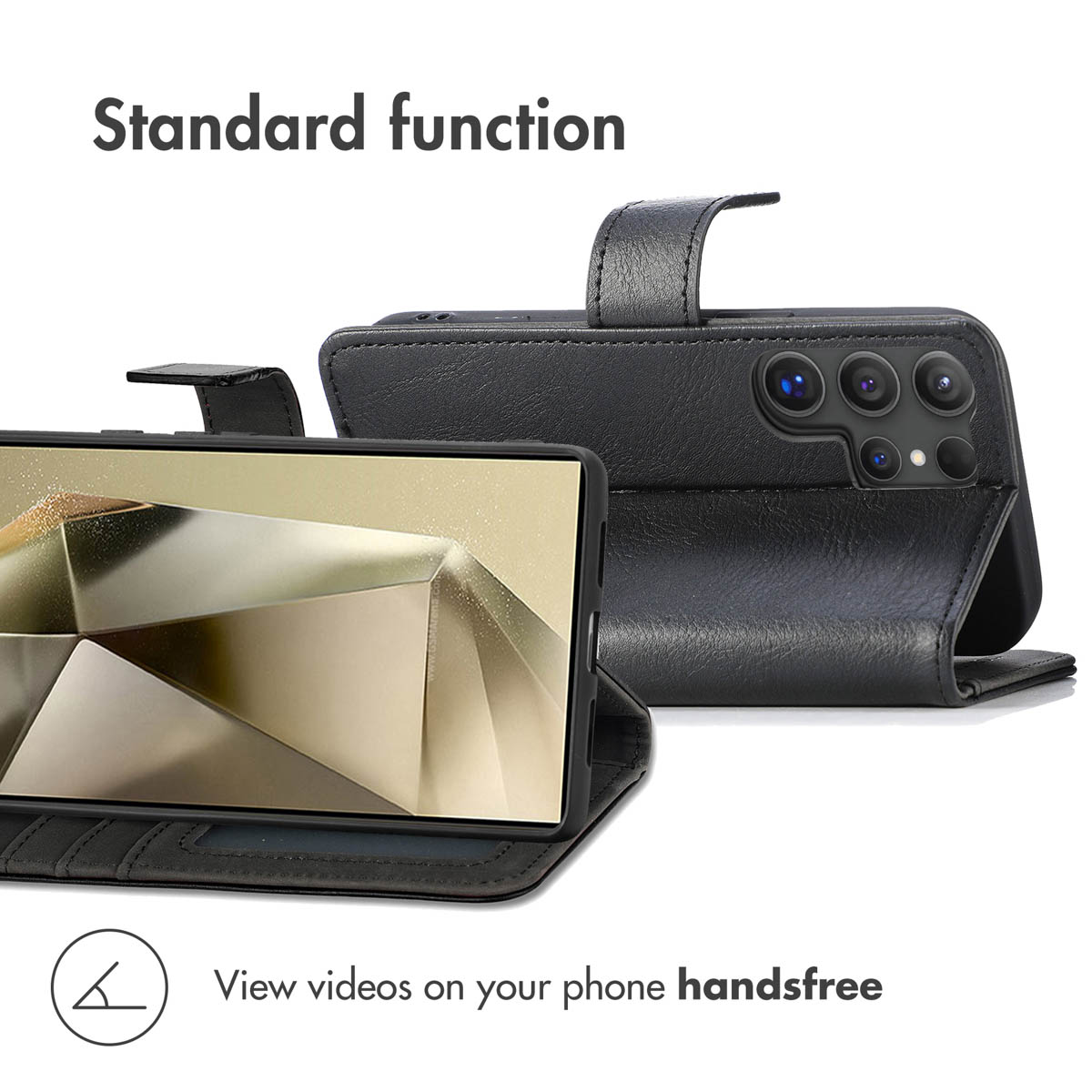A black leather smartphone case with a stand function, showing the screen and camera.