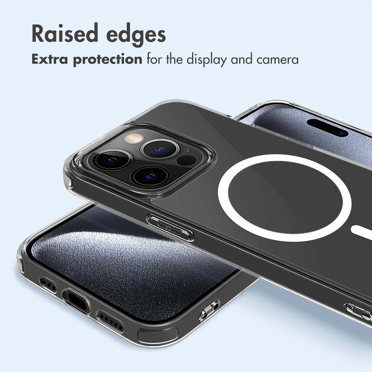 Cover trasparente per smartphone con anello MagSafe che protegge fotocamere e schermo.