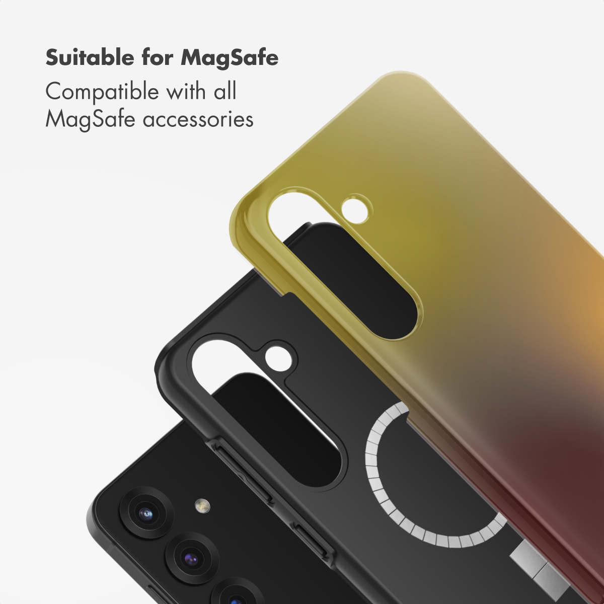 Fundas para teléfono con compatibilidad MagSafe, mostradas en degradado dorado y negro sobre un smartphone.