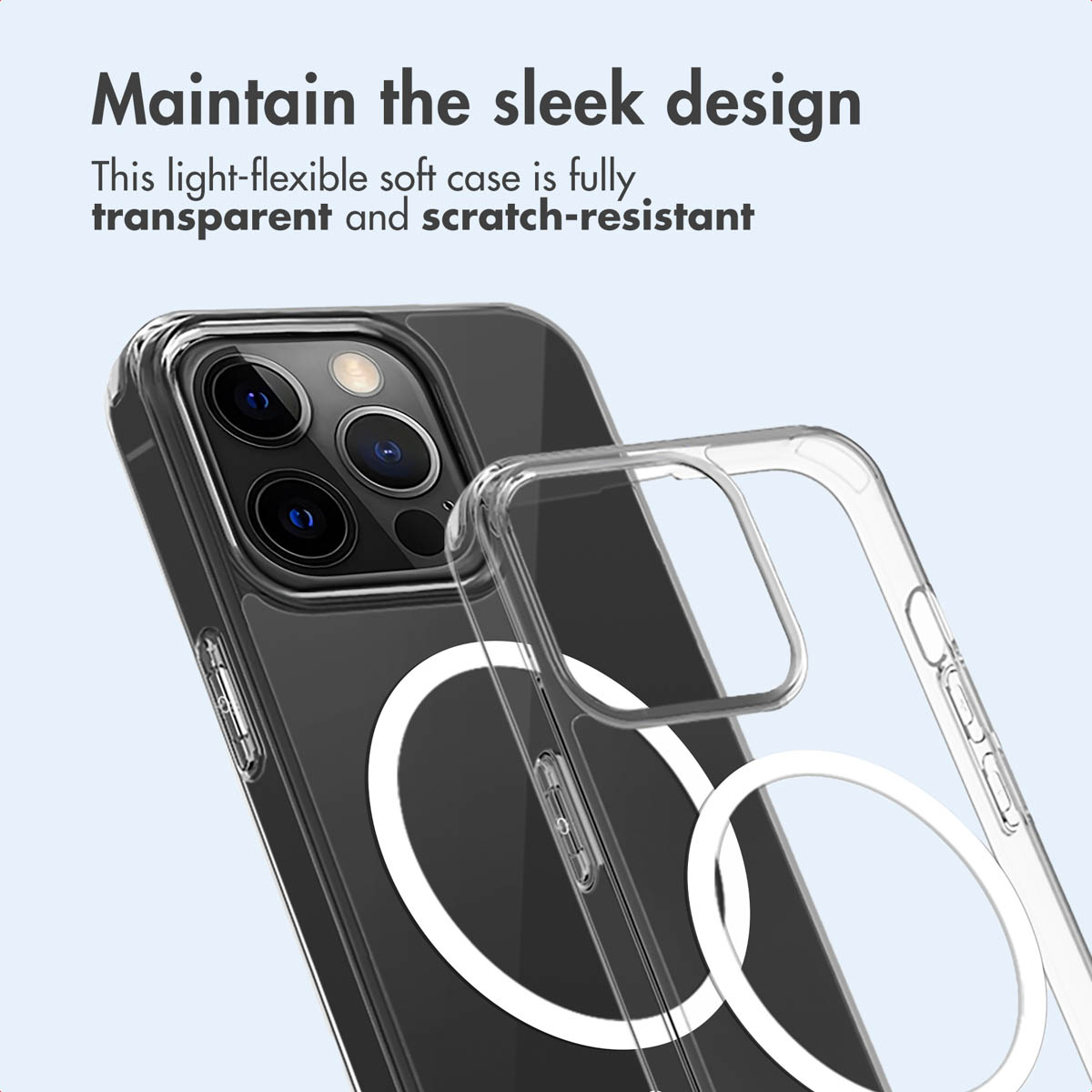 Custodia trasparente antigraffio con anello MagSafe sul retro di uno smartphone nero.