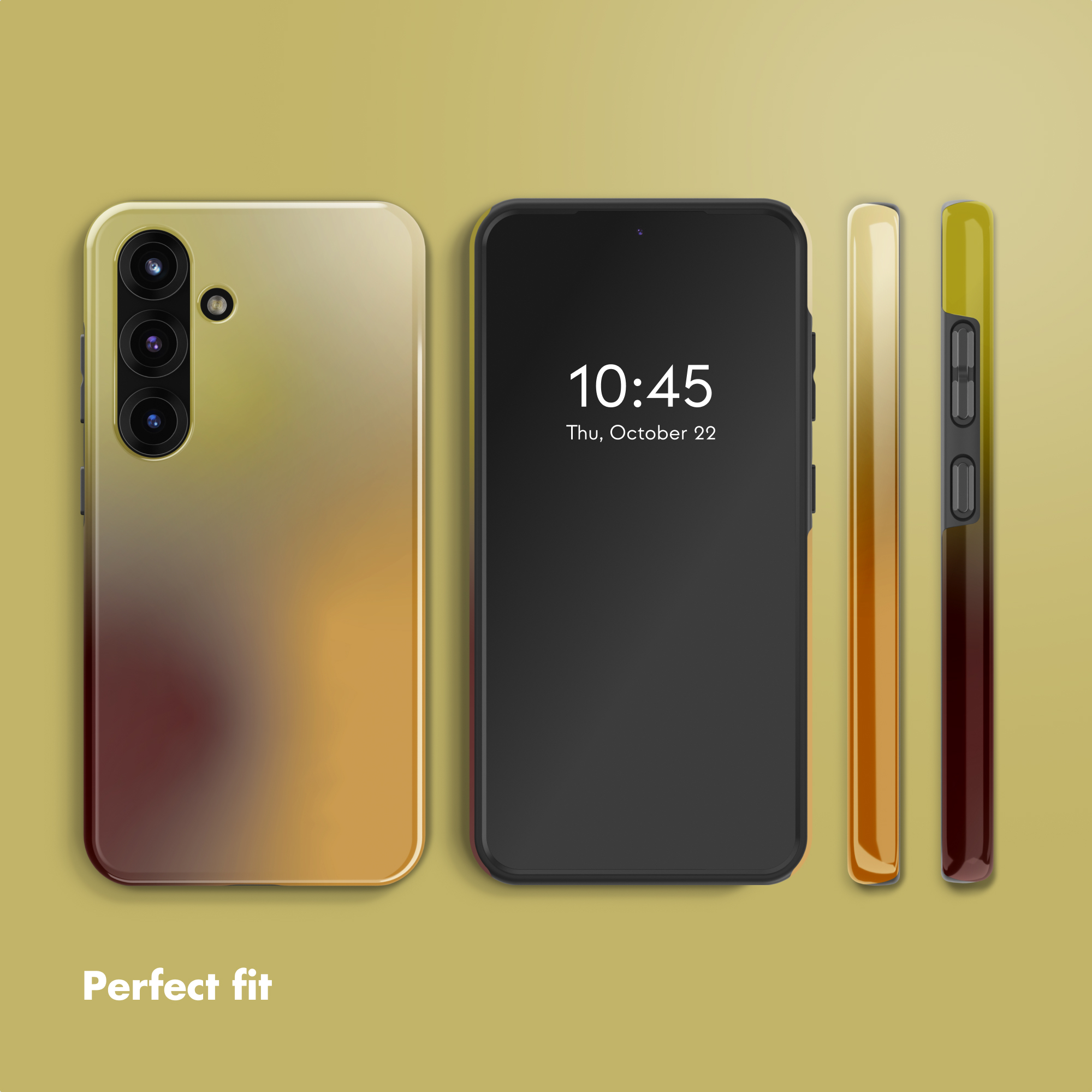 Vistas de un smartphone en funda degradada amarillo-marrón con el texto Perfect fit.