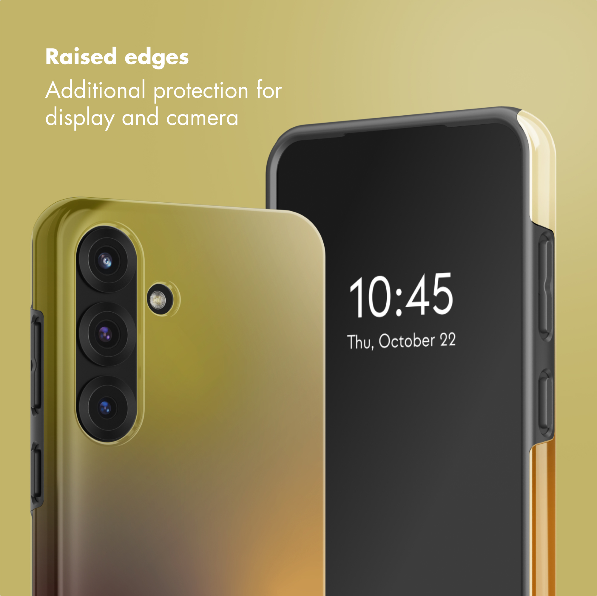 Dos teléfonos inteligentes con funda protectora dorada, triple cámara y texto sobre bordes elevados en fondo amarillo.
