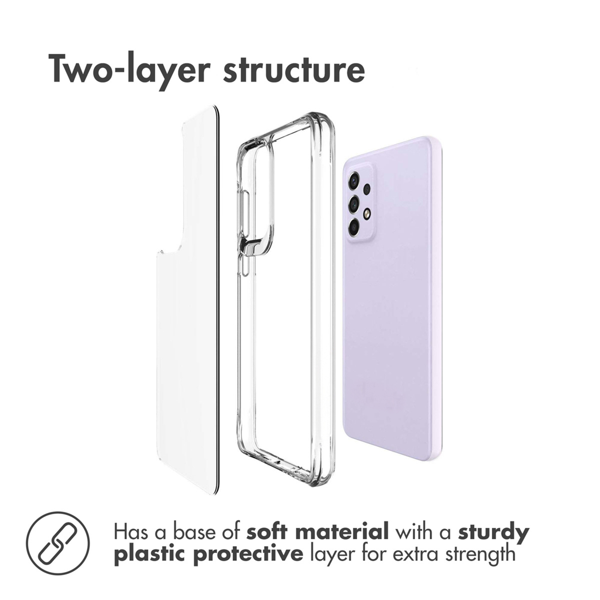 Diagrama que muestra una funda de dos capas con base suave y capa de plástico resistente junto a un teléfono lila.