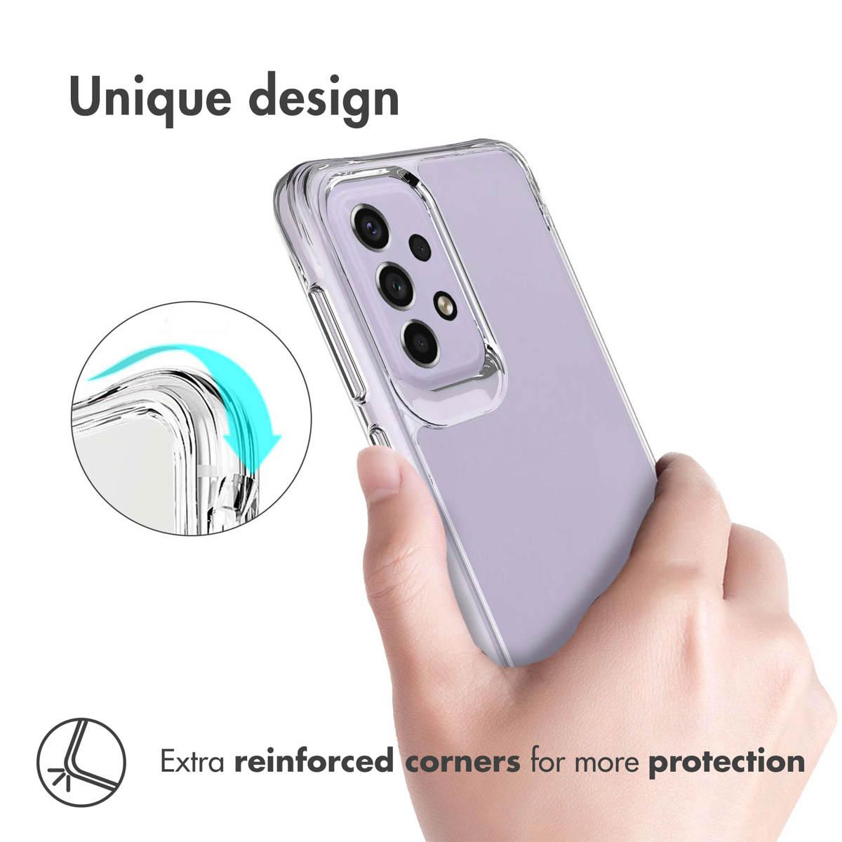 Una mano sostiene un teléfono lila claro con una funda transparente con esquinas reforzadas.