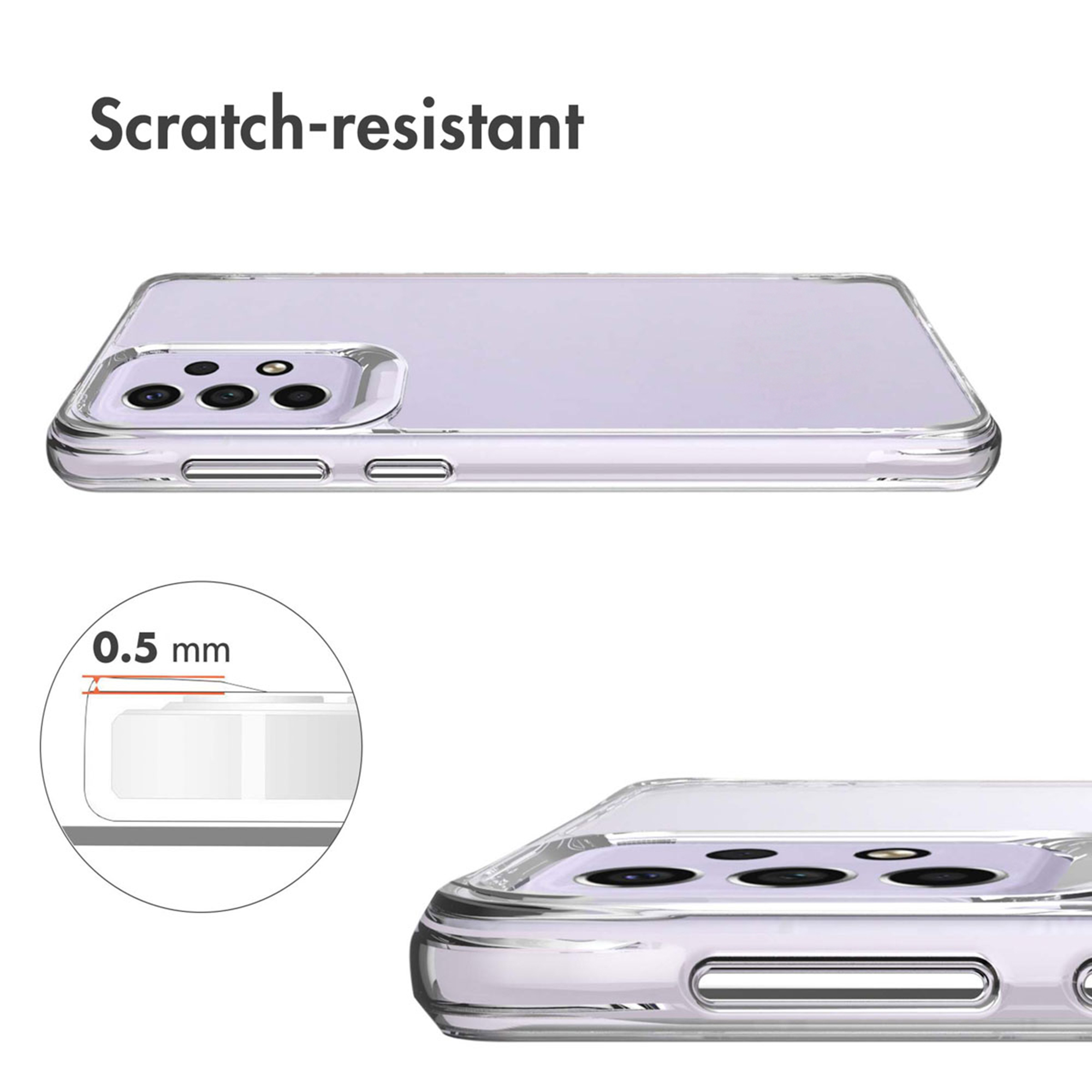 Un teléfono morado claro en una funda transparente con un borde elevado de 0.5 mm, etiquetado como resistente a arañazos.