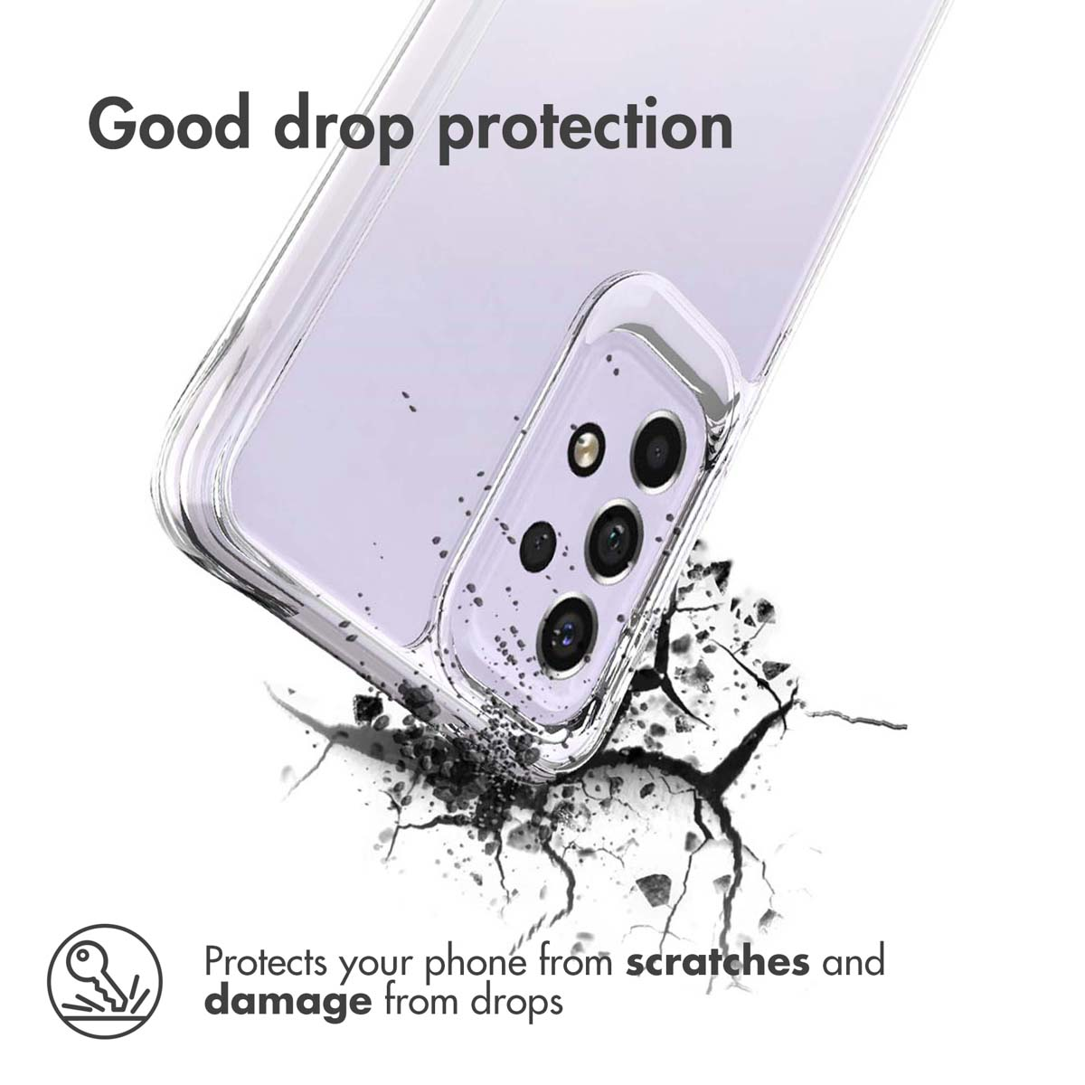 Funda transparente para teléfono con texto y gráficos sobre protección.