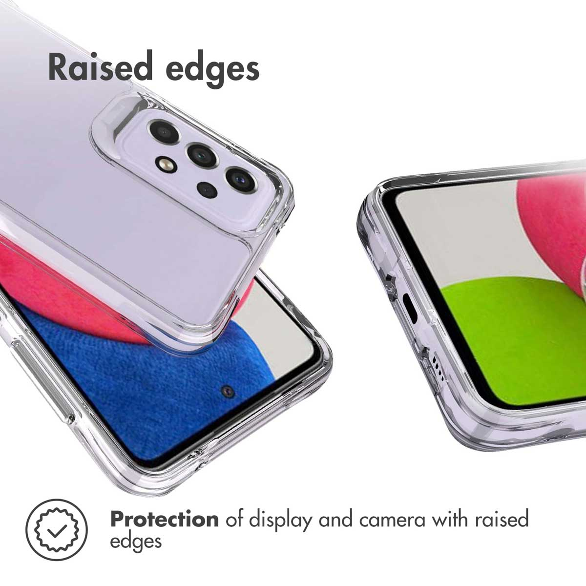 Una funda de móvil transparente con bordes elevados para proteger la pantalla y la cámara.