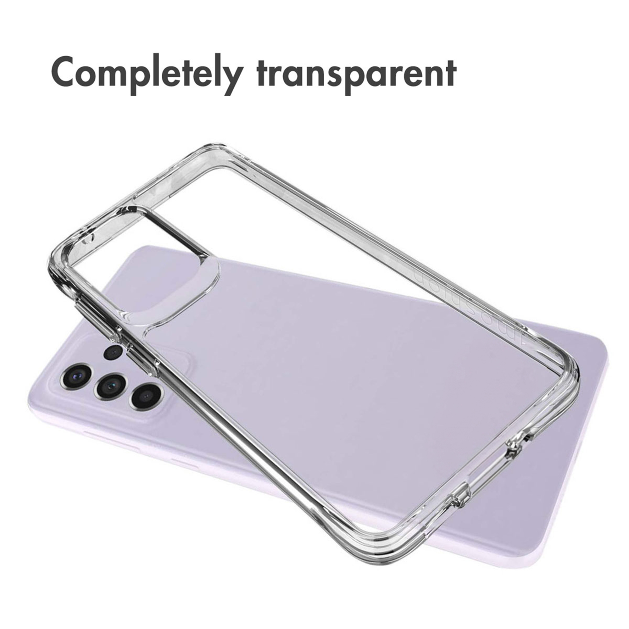 Una funda de móvil transparente flota sobre un smartphone de color morado claro.