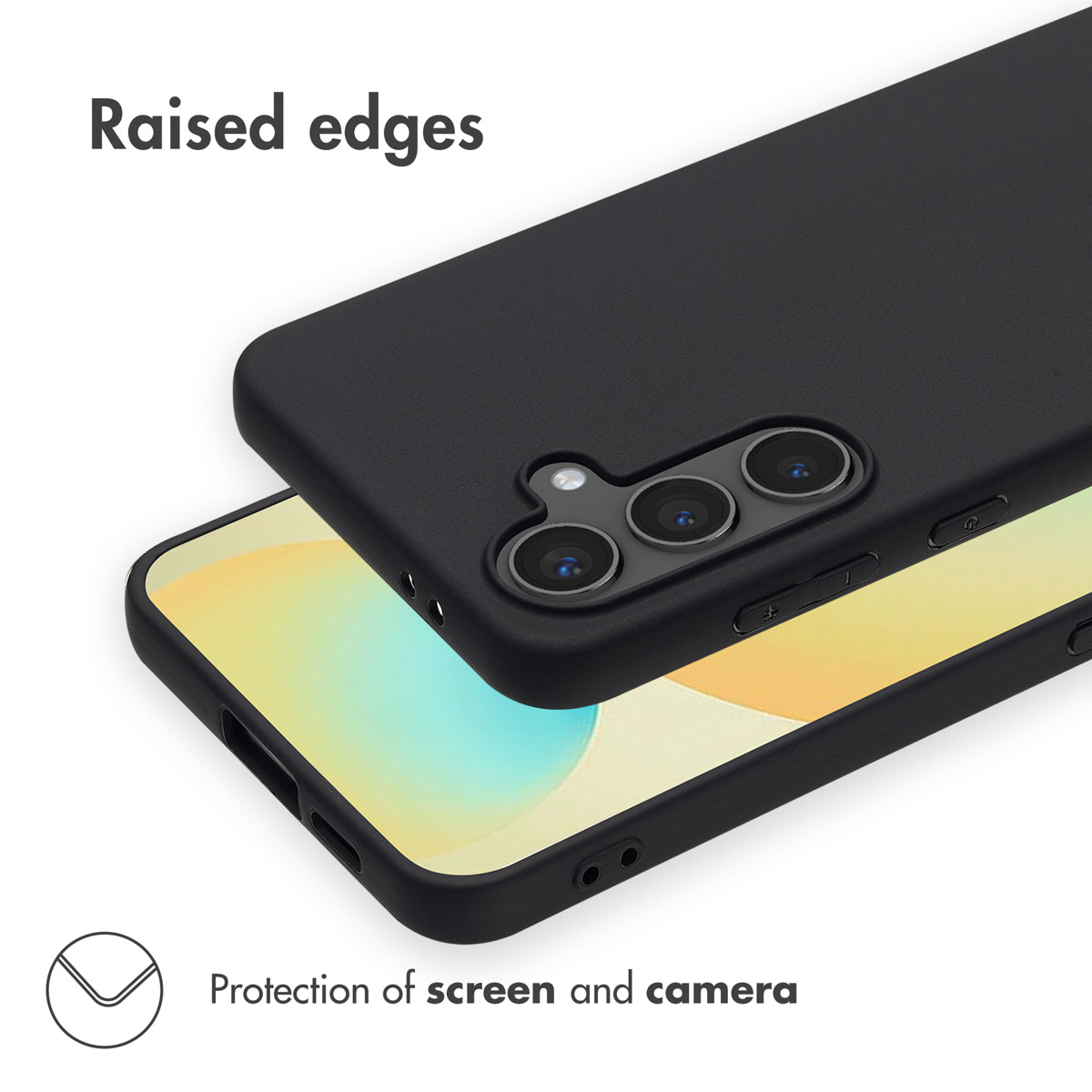 Black phone case with raised edges for screen and camera protection.