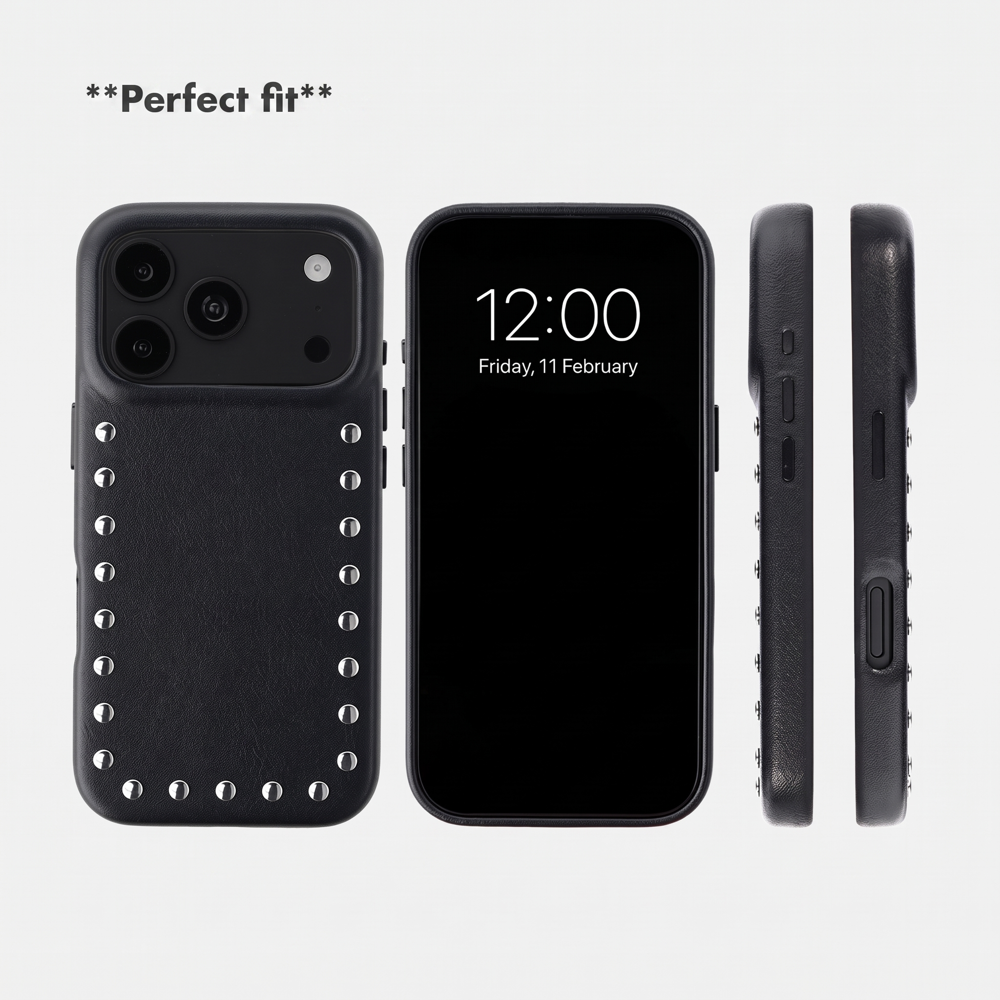 Coque de telephone en cuir noir avec des clous argentes et des decoupes pour les boutons et l'appareil photo.