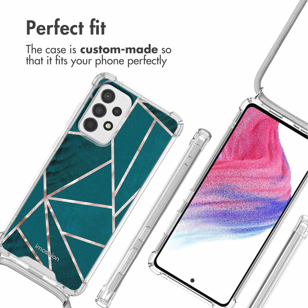 Coque de téléphone avec des lignes géométriques vertes et dorées et une lanière sur fond blanc.
