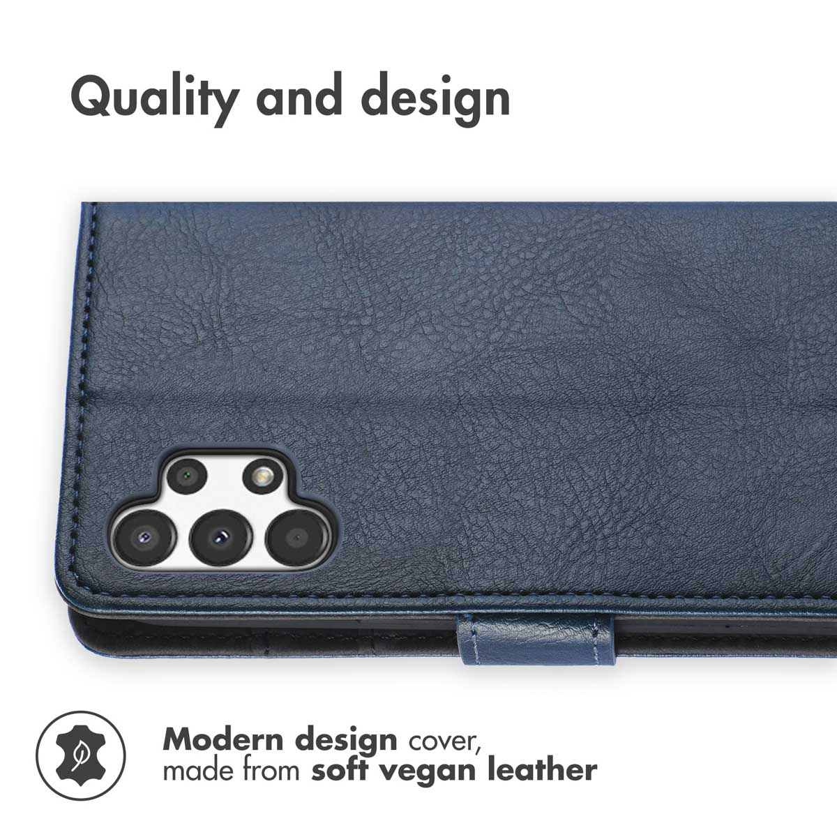 Un étui de téléphone en cuir végétalien bleu avec des découpes pour appareil photo.