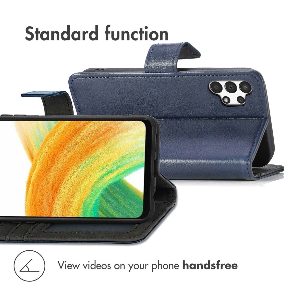 Étui de téléphone en cuir bleu avec fonction support et écran lumineux.